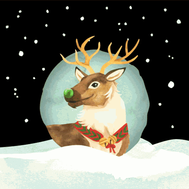a painting of a reindeer with a green nose standing in the snow