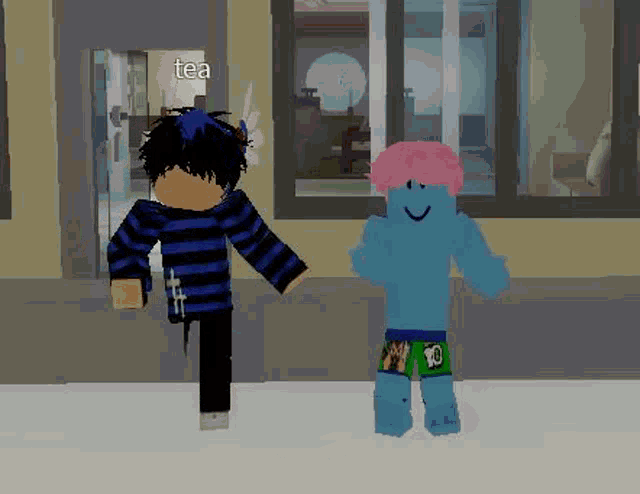 a boy and a girl are standing next to each other in front of a building in a video game .
