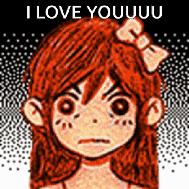a pixel art of a girl with a bow in her hair and the words i love youuu on the bottom