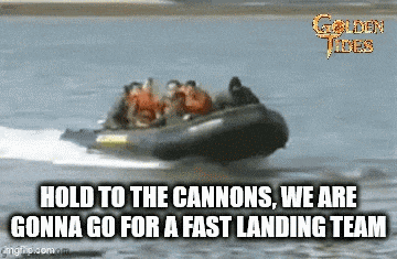 a group of people are riding a boat in the water with a caption that reads hold to the cannons