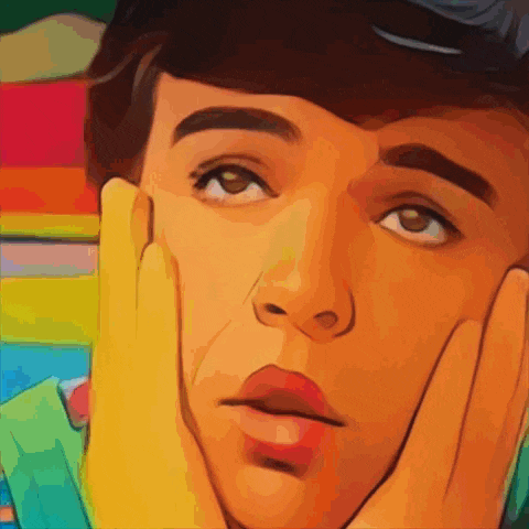 a colorful painting of a man 's face with his hand on his chin