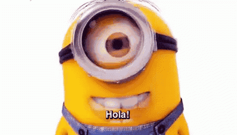 a yellow minion with a big eye is smiling and saying hola .