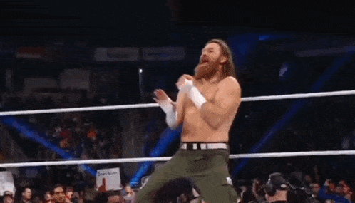 a bearded wrestler is standing in a wrestling ring with his hands in the air .