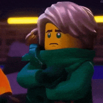 a close up of a lego ninjago character wearing a scarf and a green jacket .