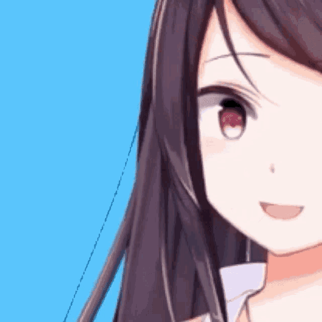 a close up of a girl 's face with long dark hair and red eyes .