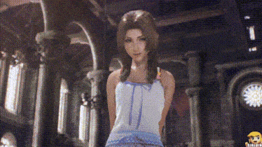 a woman in a white tank top and blue skirt is standing in a room with a clock on the wall behind her