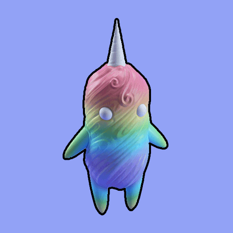 a rainbow colored monster with a white horn on top
