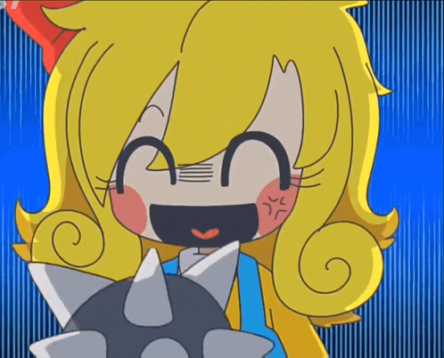 a cartoon drawing of a girl with yellow hair and a blue background