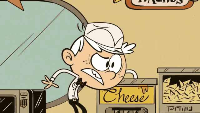 a cartoon character is standing in front of a machine that says cheese