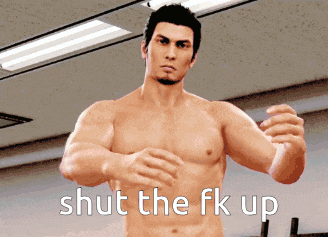 a shirtless man is standing in a room with the words shut the fk up written below him
