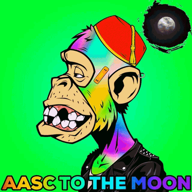 a cartoon of a monkey with the words aasc to the moon underneath it