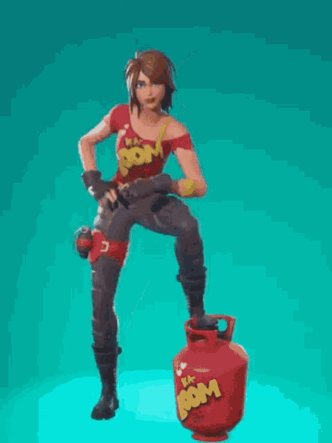 a woman in a red shirt and gray pants is jumping in the air .