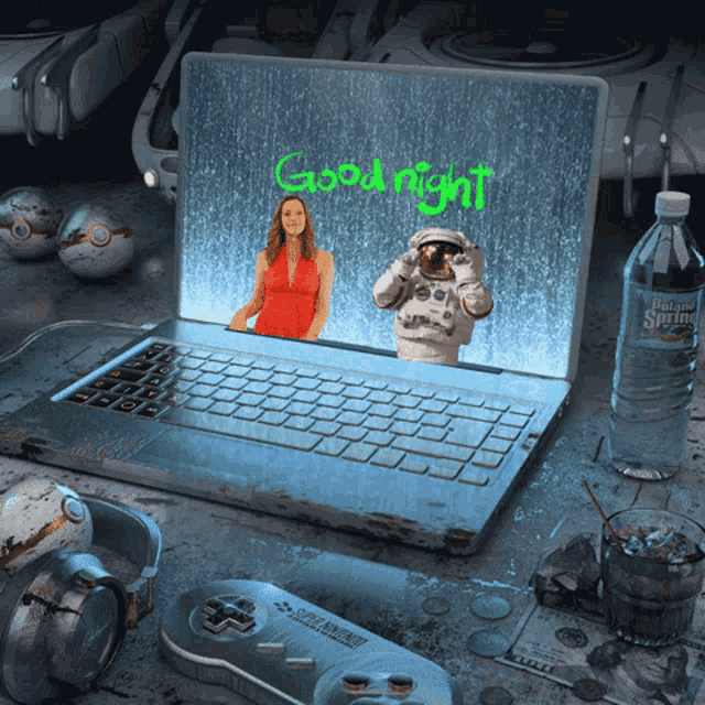 a laptop with a woman and an astronaut on the screen says good night