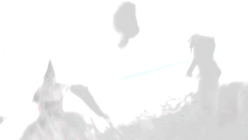 a silhouette of a person holding a sword with a blue light behind them