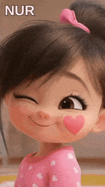 a cartoon girl with a heart on her face is smiling and winking .
