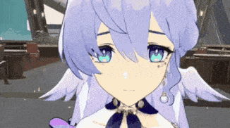 a close up of a cartoon character with purple hair
