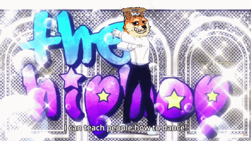 a doge with a halo on his head stands in front of a sign that says " i can teach people how to dance "