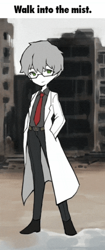 a drawing of a man in a white coat and red tie