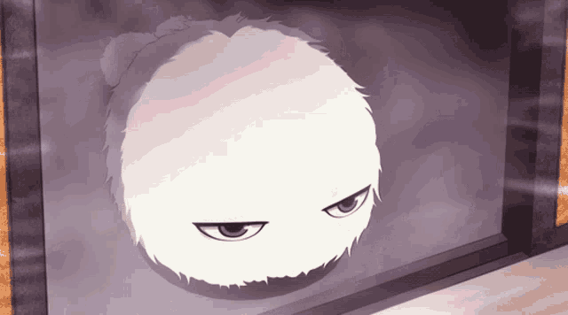a cartoon drawing of a white furry ball with a serious look on its face