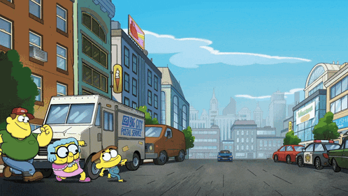 a cartoon scene with a big city postal service van