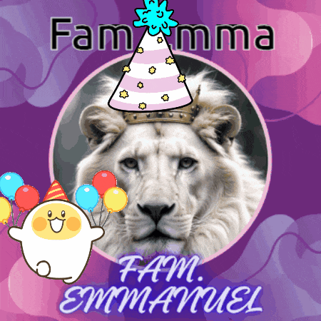 a picture of a lion wearing a party hat with the words fam emmanuel on the bottom
