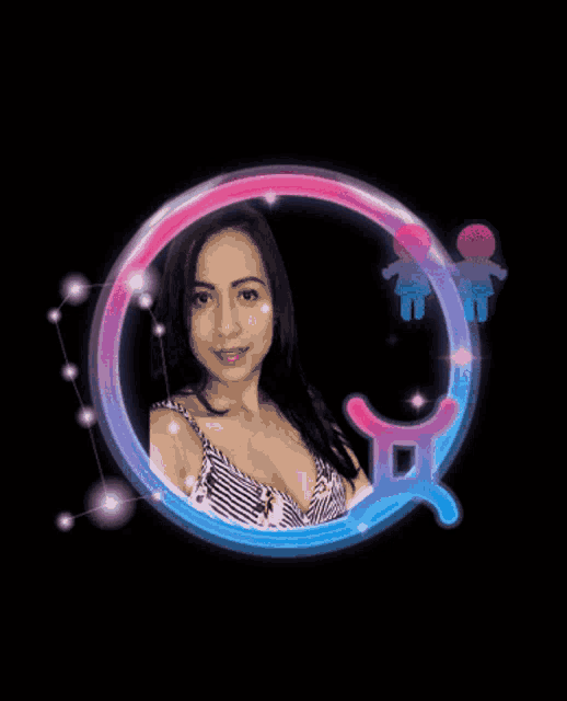 a woman in a striped top is surrounded by a circle with a gemini symbol on it