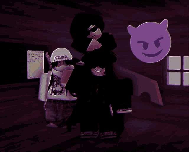 a purple devil smiley face is behind a couple of people