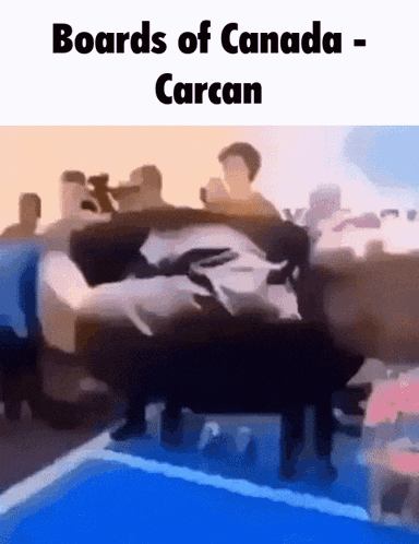 a group of people sitting around a table with the words boards of canada - carcan on the bottom