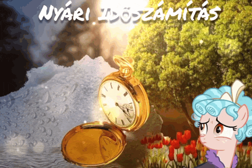 a picture of a pony and a pocket watch with the words nyari idozamitas on the bottom
