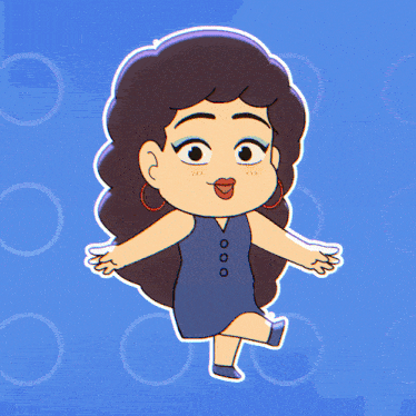 a cartoon drawing of a woman wearing a blue dress and red hoop earrings