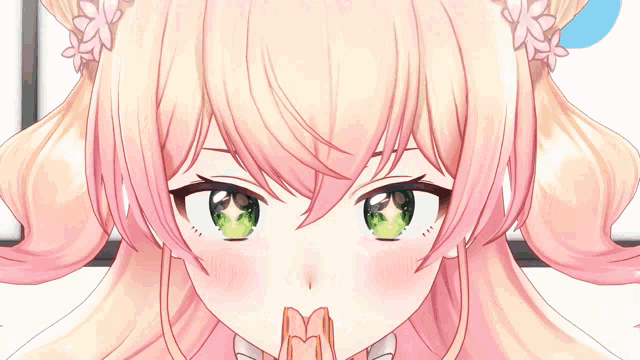 a close up of a girl with pink hair and green eyes giving a peace sign