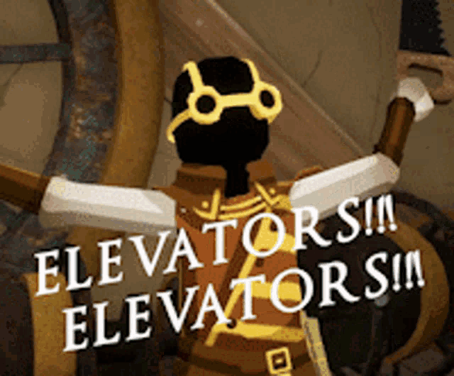 a cartoon character holding a sword with the words " elevators !!! elevators !!! " above him