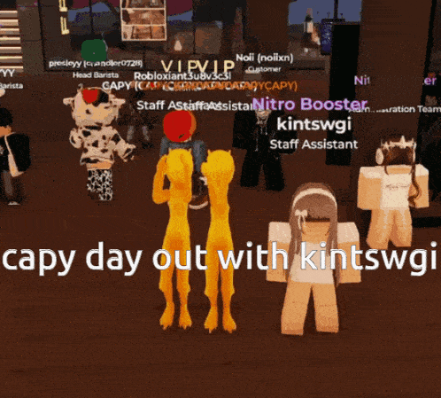 a group of people are playing a video game and one of them says " capy day out with kintswgi "