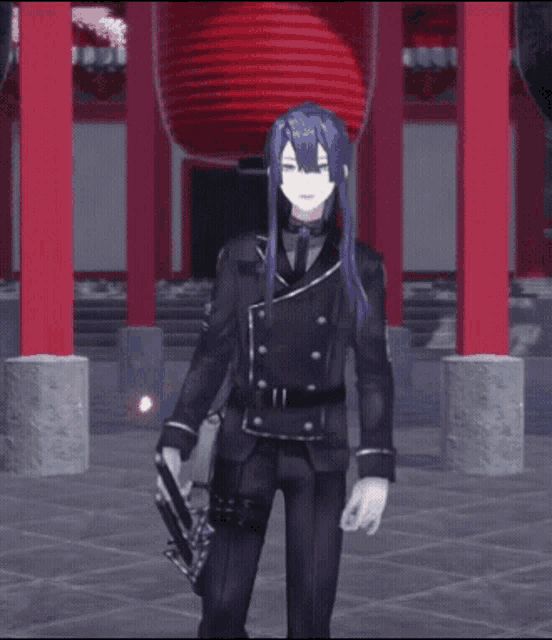 a man with long purple hair is holding a sword in front of a red lantern