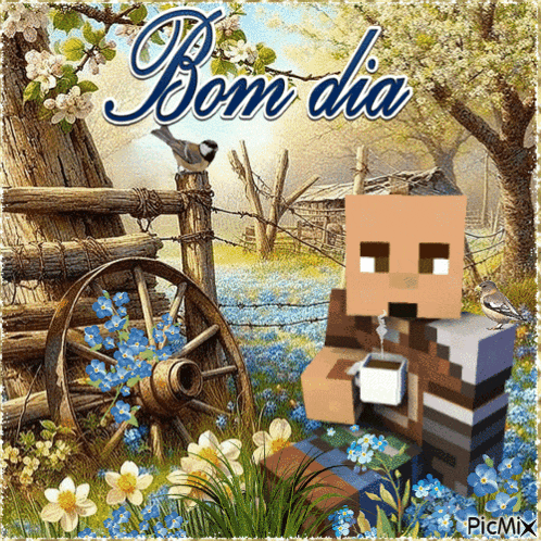 a picture of a man drinking a cup of coffee with the words bom dia written above him