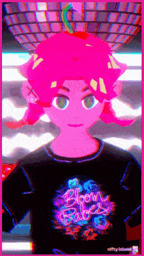 a girl with pink hair is wearing a shirt that says " bloom babes "