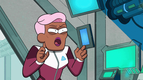 a cartoon character with pink hair is standing in front of a computer monitor