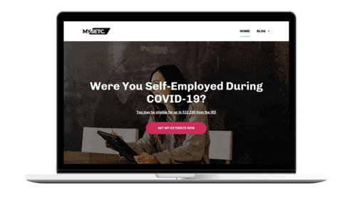 a laptop screen shows a woman holding a tablet and the words were you self employed during covid-19