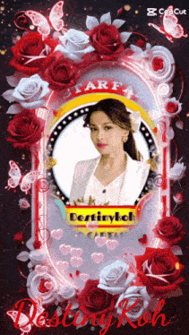 a picture of a woman surrounded by red roses with the name destinykol