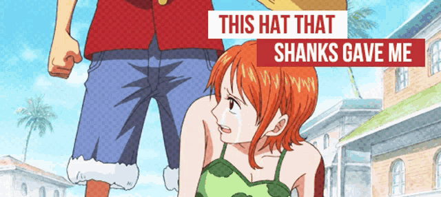 a cartoon of monkey d luffy and nami with the words this hat that shanks gave me above them