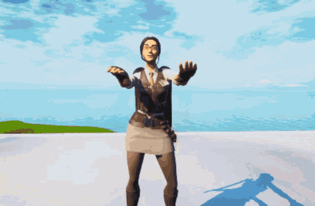 a woman in a suit and tie is dancing in front of a body of water