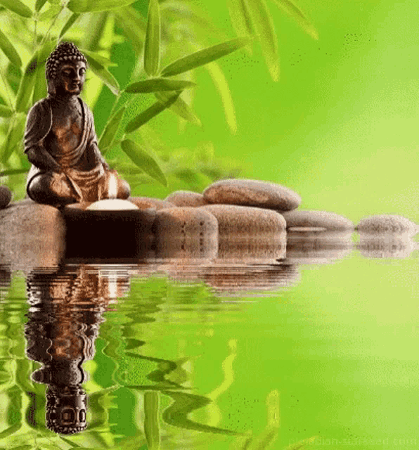 a statue of buddha is sitting on a rock in the water with a candle in his hand .