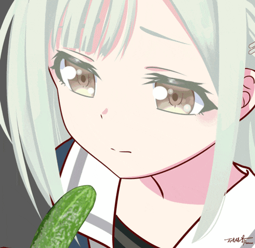 a drawing of a girl with a cucumber sticking out of her mouth with the letters tara on the bottom right