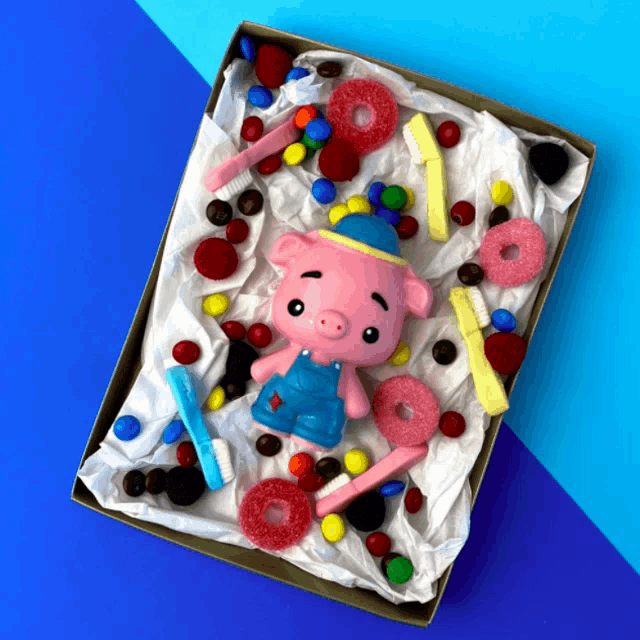 a box filled with candy including a pig and a toothbrush