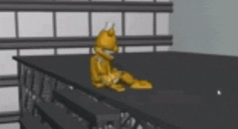 a cartoon cat is sitting on top of a table with a broken leg .