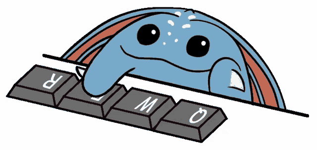 a cartoon of a monster peeking over a keyboard with the letter o on it