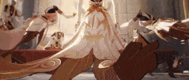 a woman in a long white dress is standing next to a table in a room in a video game .