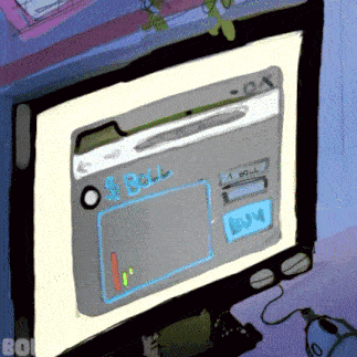 a cartoon drawing of a computer screen with the word buy visible