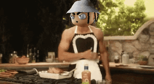 a man wearing an apron and a hat is cooking in the kitchen