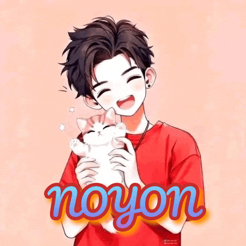 a boy in a red shirt is holding a cat with the name noyon on the bottom right